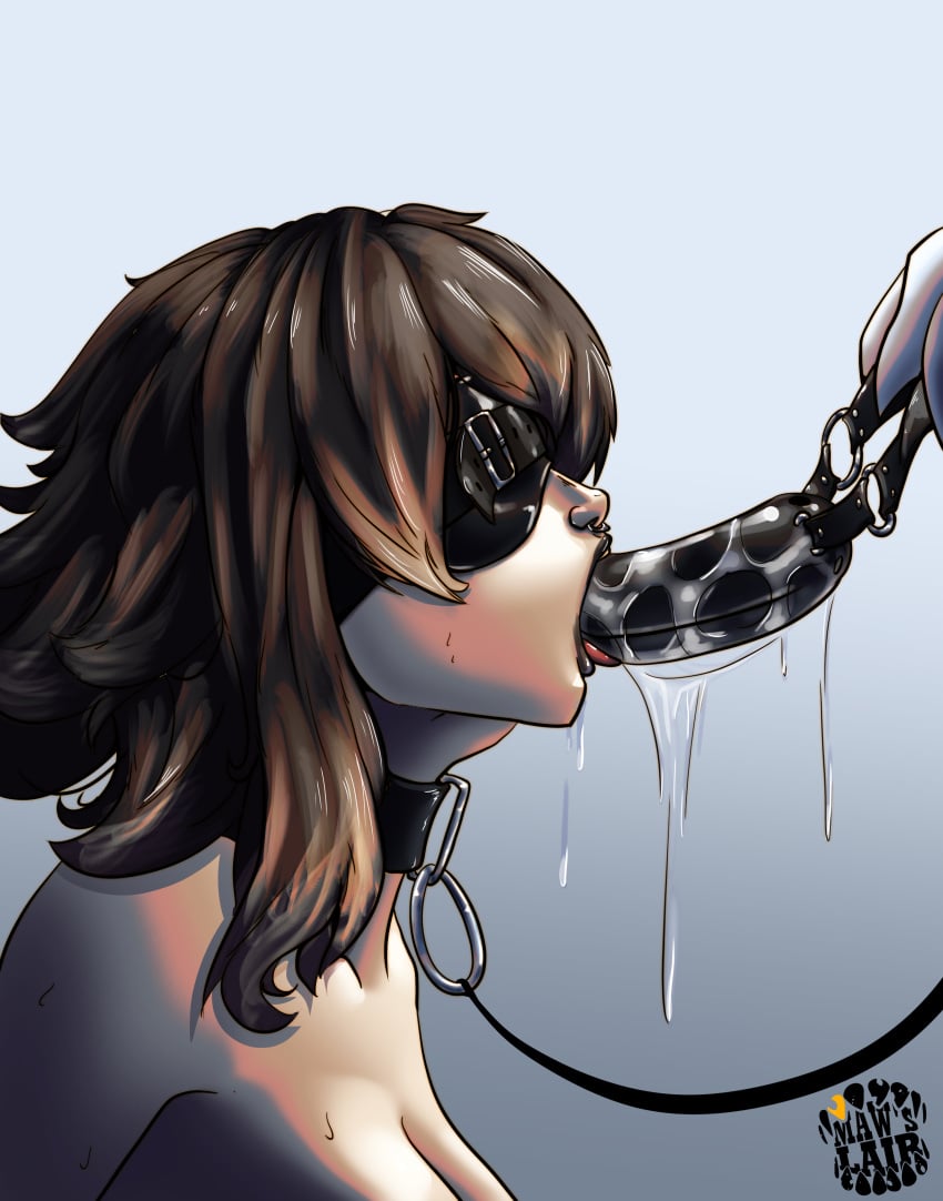2d_(artwork) bdsm black_hair black_lipstick blair_(mawslair) blindfold blowjob collar dildo dildo_gag drool drooling gag gagged goth_girl leash leashed_female leather leather_bondage maws_lair piercing portrait removing_gag self_upload sucking_dildo