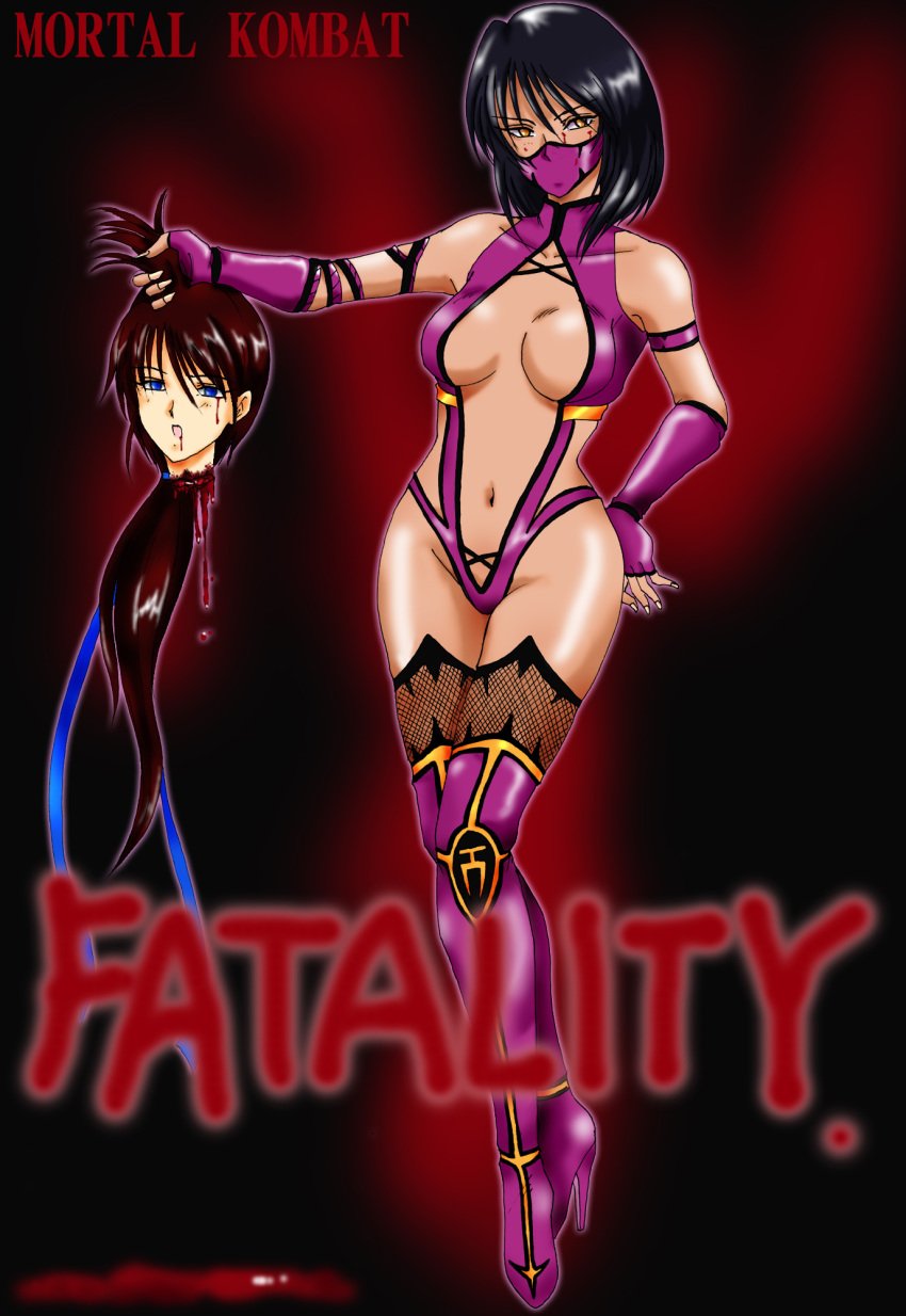 2d armband bare_shoulders black_hair blood blue_eyes boots breasts brown_hair death decapitation elbow_gloves fatality female female_death fingerless_gloves guro hand_on_hip hips kitana kitana_(mk9) leotard long_hair mask midriff mileena mileena_(mk9) mortal_kombat mortal_kombat_(2011) navel orange_eyes ribbon royalty shaved_pussy short_hair thighhighs thighs wristband