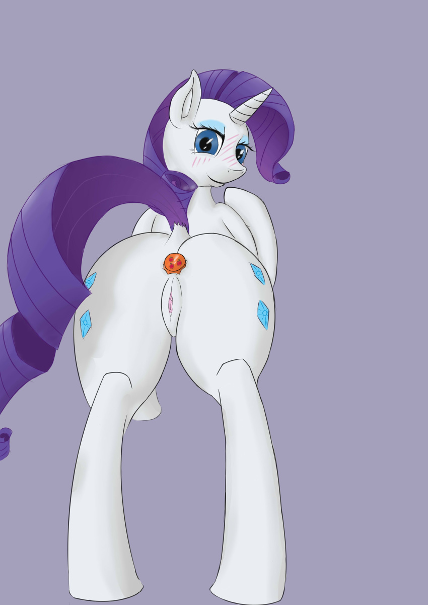 absurdres anus blue_eyes blush buttplug clitoris cutie_mark equine female friendship_is_magic fur fuzzyhead12 highres hooves horn horse looking_at_viewer looking_back mammal my_little_pony pony presenting purple_hair pussy raised_tail rarity_(mlp) sex_toy smile solo straight_hair unicorn white_fur