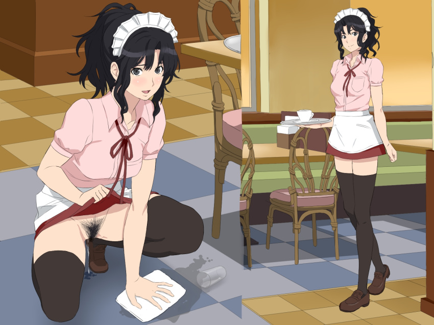 amagami black_eyes black_hair blush breasts chair cottage female looking_at_viewer no_panties open_mouth ponytail pubic_hair shoes short_hair skirt skirt_lift smile squatting standing tanamachi_kaoru thighhighs tied_hair waitress wet