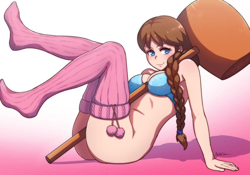 1girls akairiot ass big_ass big_breasts blue_eyes bottomless bra braided_hair breasts brown_hair chubby cleavage female female_only hammer human human_only ice_climber legs_up light-skinned_female light_skin looking_at_viewer medium_breasts melee_weapon nana_(ice_climber) nintendo no_panties smile solo thick thick_ass thick_hips thick_thighs thighhigh_socks thighhighs thighs war_hammer weapon wide_hips