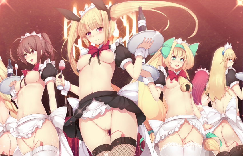 6+girls apron blazblue blonde_hair bottomless breasts brown_eyes brown_hair celica_a_mercury censored daiaru es_(xblaze) femsub green_eyes long_hair maid_headdress multiple_girls multiple_subs nipples noel_vermillion object_insertion platinum_the_trinity pussy rachel_alucard red_eyes red_hair revealing_clothes short_hair skirt thighhighs tsubaki_yayoi vaginal_object_insertion vaginal_penetration vibrator vibrator_in_thighhighs waist_apron waitress