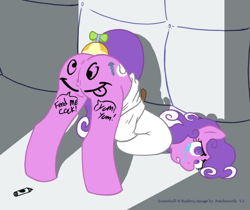 crying_with_eyes_open drawing_on_body face_down_ass_up hat_on_ass insane_asylum multicolored_hair my_little_pony original_character patchworth pink_fur purple_hair screwball sharpee strightjacket tagme writing_on_ass