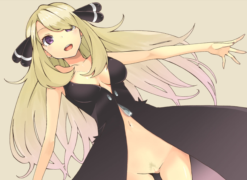 bare_shoulders blonde_hair bottomless breasts cleavage cynthia_(pokemon) female female_only hair_ornament hair_over_one_eye human human_only long_hair makusu navel nintendo no_panties pokemon pokemon_dppt pubic_hair purple_eyes pussy solo uncensored