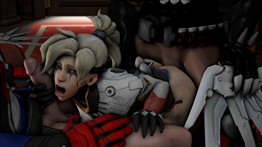 1girls 2boys 3d anal anal_penetration anal_sex ass balls blizzard_entertainment blonde_hair crying dark-skinned_male dark_skin deathhandsfm defeated doggy_style female female_penetrated gabriel_reyes handjob handjob_while_penetrated light-skinned_female light-skinned_male light_skin male mercy on_knees one_eye_closed overwatch overwatch_2 partially_clothed penetration penis rape reaper ruined_makeup soldier_76 team_overwatch threesome vaginal_penetration vaginal_sex