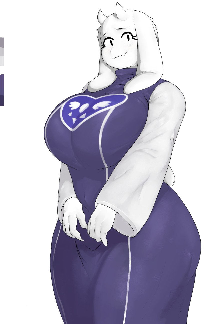 big_ass big_breasts breasts dress female fully_clothed furry goat goat_ears goat_girl goat_horns magthender purple_dress thick_thighs tight_fit toriel undertale white_fur