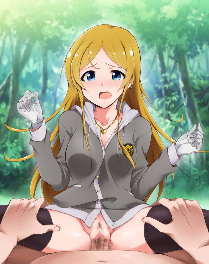 black_legwear blonde_hair blue_eyes blush breasts censored clothed_sex clothing cowgirl_position female forest gloves highres human idolmaster idolmaster_million_live! jacket kaiga large_breasts legs long_hair looking_at_viewer lying male necklace no_panties open_mouth outdoors penetration penis pubic_hair pussy sex shinomiya_karen sitting sitting_on_person spread_legs straight thighhighs thighs trees vaginal_penetration