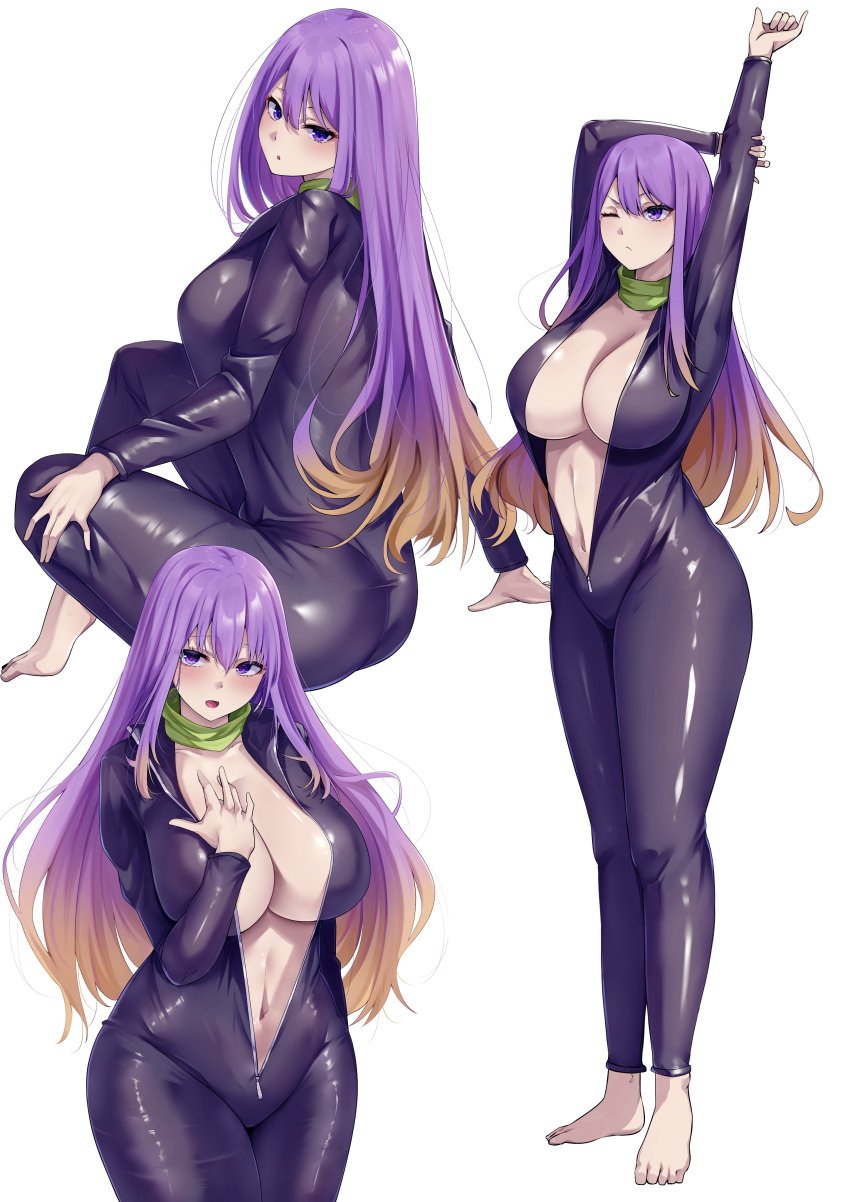 bodysuit breasts hijiri_byakuren looking_at_viewer mirufui navel open_mouth purple_eyes purple_hair touhou turbo_byakuren white_background