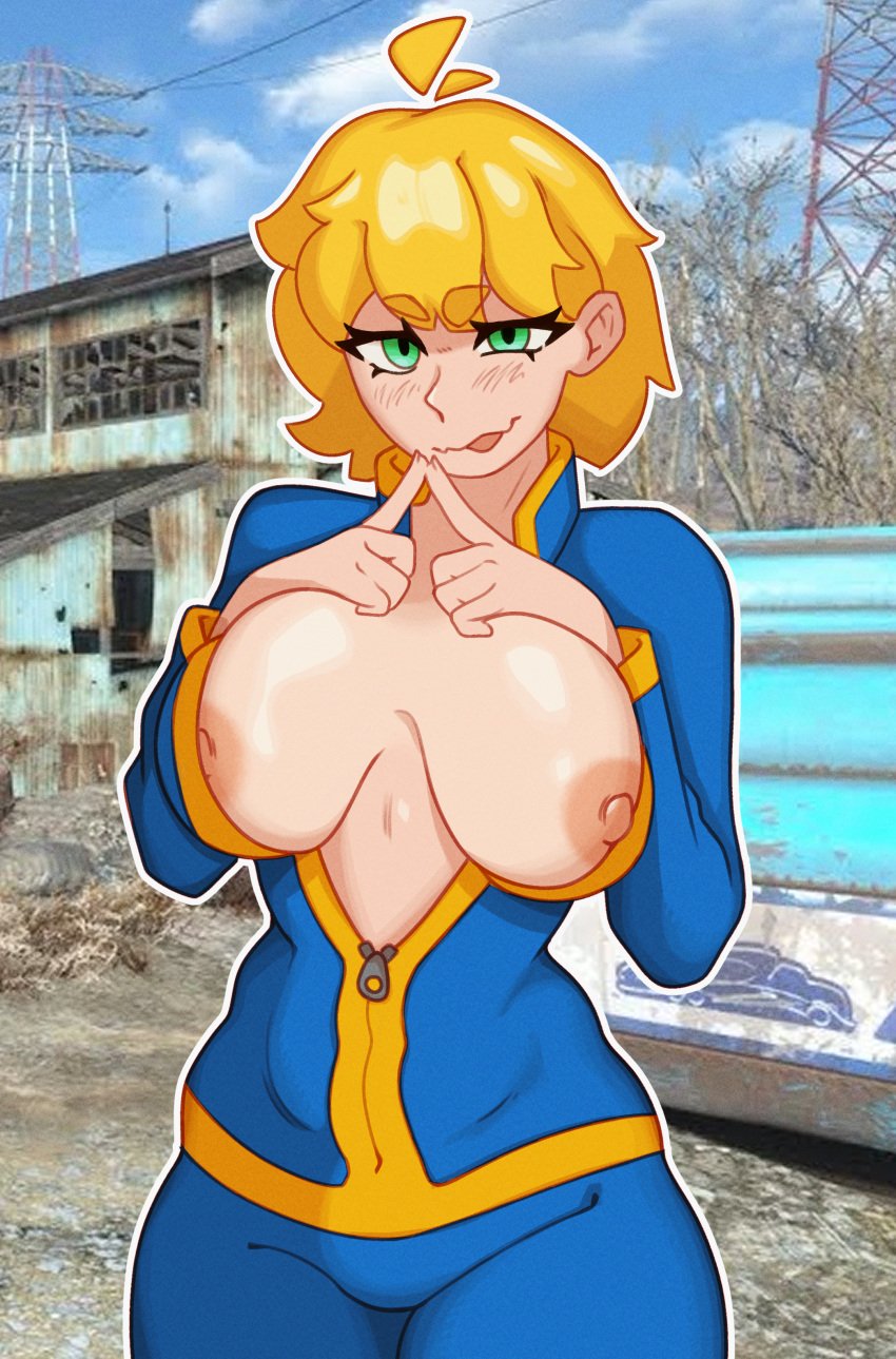 big_breasts blonde_female blonde_hair dayteghoul fallout fallout_(series) fallout_4 fallout_new_vegas futa_only futanari highres intersex tagme unzipped unzipped_bodysuit vault_girl