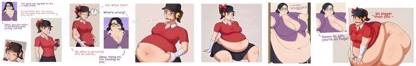 2girls ai_assisted ai_generated ben03020 bloated_belly cleavage comic fat female femscout huge_belly huge_breasts miss_pauling morbidly_obese obese stuck stuck_in_door stuffed_belly team_fortress_2 weight_conscious weight_gain