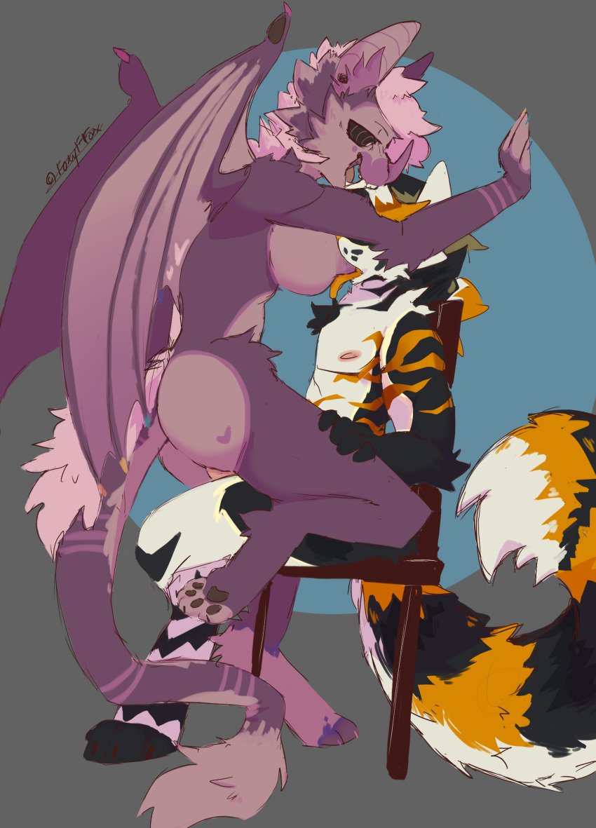 absurd_res anthro bat big_breasts black_body black_fur breast_lick breast_play breast_suck breasts cat_tail chair chair_position duo felid feline female foxyffox from_behind_position fur furniture gold_stripes hair hi_res licking male male/female mammal membrane_(anatomy) membranous_wings nipples penetration purple_body purple_hair purple_nipples purple_wings riding ryan_fero_(huf13) sex sucking tongue vaginal_penetration vaginal_penetration wings yellow_body yellow_fur