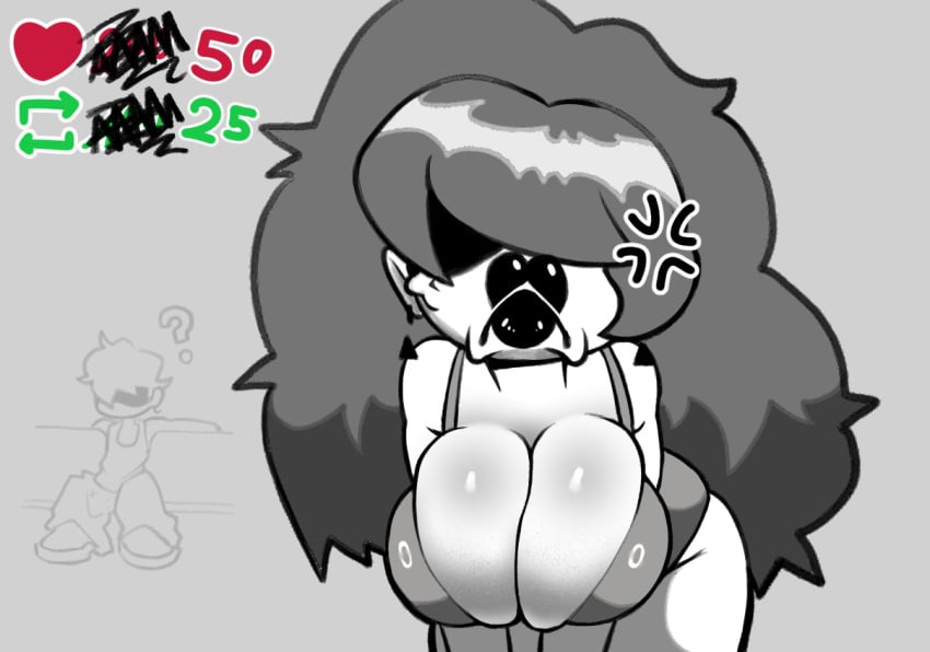 all_fours angry barely_contained big_breasts big_lips black_and_white blush hidden_eyes k_miixy long_hair presenting_breasts question_mark tagme