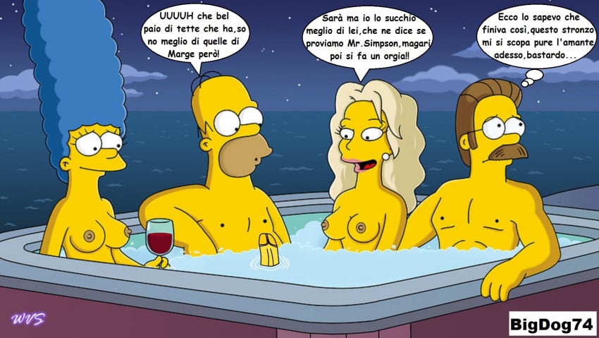 2boys 2girls female homer_simpson human husband_and_wife jacuzzi male marge_simpson ned_flanders sara_sloane swingers text the_simpsons