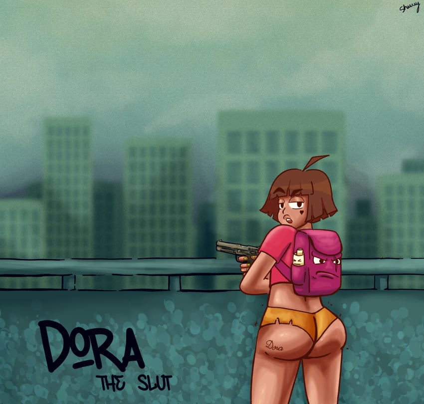backpack bag brown_skin clothing dora_marquez dora_the_explorer female firearm handgun human latina pale_skin shuwybun weapon