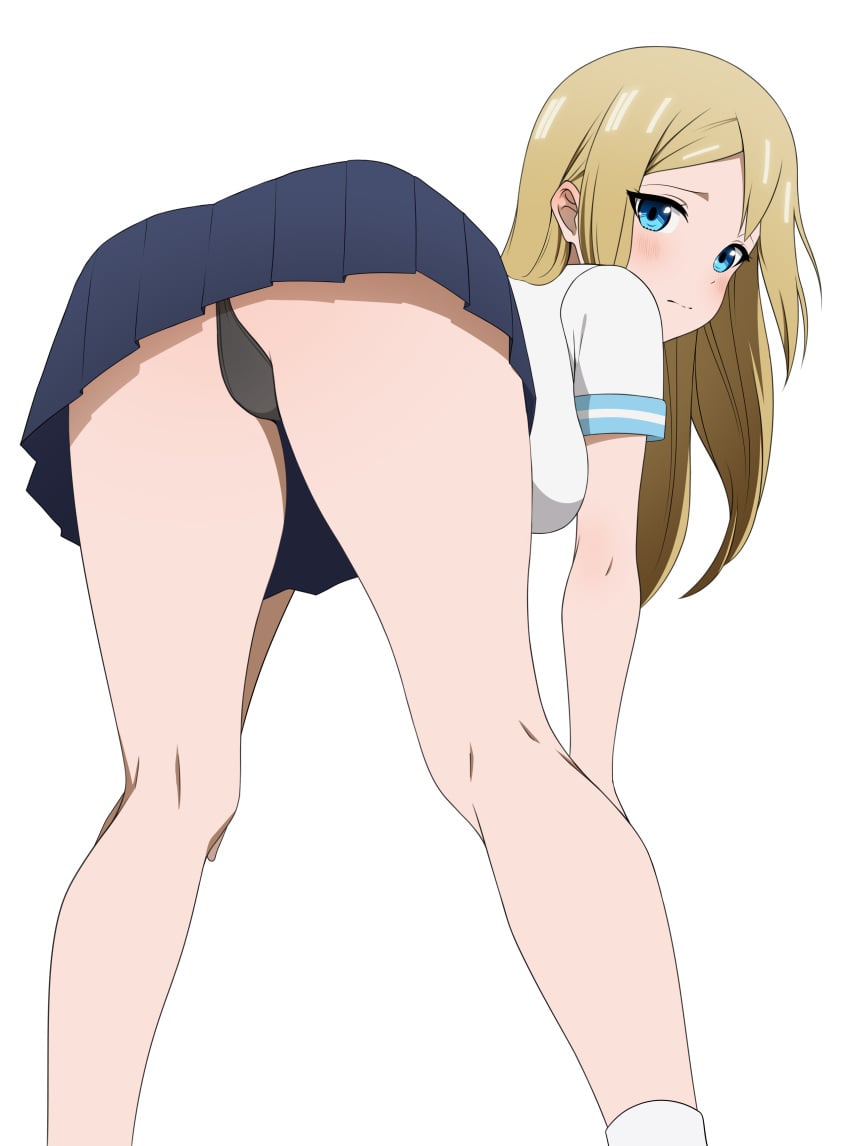 1girls absurd_res absurdres ass ass_focus bent_over blonde_hair blue_eyes blue_skirt blush breasts clothed coro_fae female female_only hayasaka_ai hi_res highres kaguya-sama_wa_kokurasetai_~tensai-tachi_no_renai_zunousen~ light-skinned_female light_skin long_hair looking_at_viewer looking_back panties presenting presenting_hindquarters skirt solo solo_female standing thighs white_background