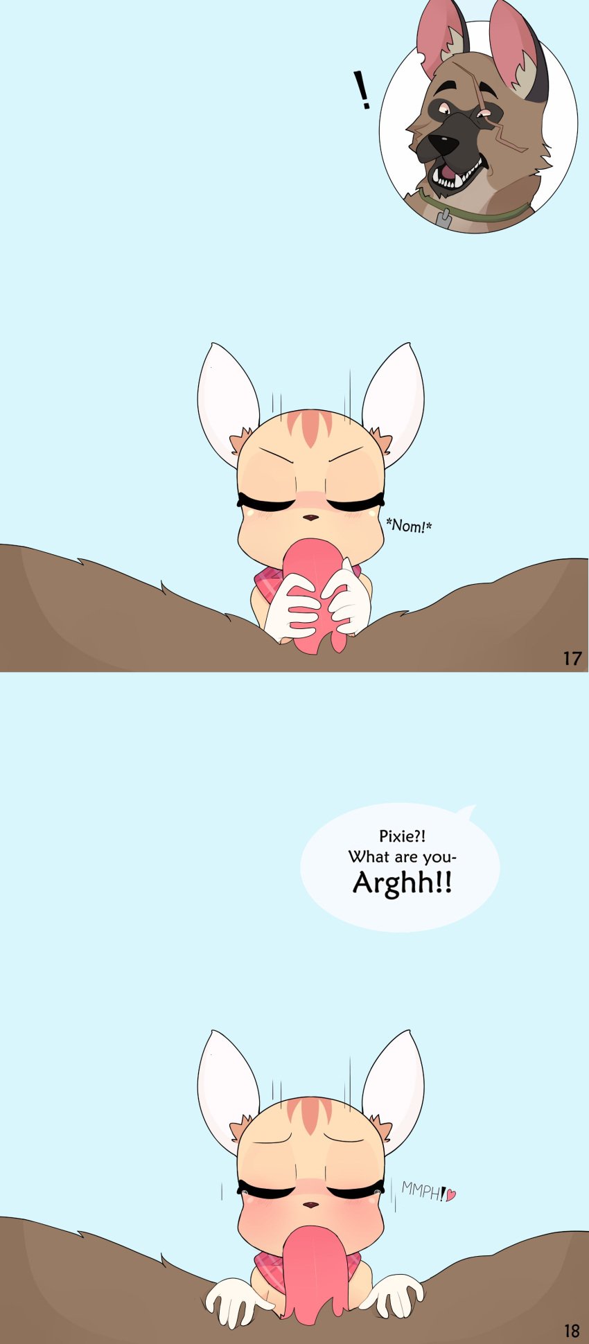 5_fingers absurd_res age_difference anthro anthro_on_anthro anthro_pov big_penis biped black_eyebrows black_text blue_background blush blush_lines bodily_fluids brown_body brown_fur brown_nose brutus_(pixie_and_brutus) canid canine canis closed_eyes clothed clothing comic dialogue digital_drawing_(artwork) digital_media_(artwork) domestic_cat domestic_dog duo english_text eyebrows eyelashes facial_markings felid feline felis fellatio female fingers first_person_view fur fur_tuft genitals german_shepherd glistening glistening_bodily_fluids glistening_face glistening_nose glistening_tears hand_on_another&#039;s_penis hand_on_penis hands_on_another&#039;s_legs hands_on_another&#039;s_thighs hands_on_legs hands_on_thighs head_markings heart_symbol heavy_blush herding_dog hi_res humanoid_genitalia humanoid_hands humanoid_penis inner_ear_fluff interrupted_speech interspecies kerchief larger_male leg_tuft looking_pleasured male male/female male_pov mammal markings mature_anthro mature_male monotone_genitals monotone_penis motion_lines multicolored_kerchief multicolored_neckerchief name_drop name_in_dialogue neckerchief neckwear nude_anthro nude_male ohiekhe older_male oral orange_stripes page_number pastoral_dog pattern_kerchief pattern_neckerchief penile penis penis_in_mouth pink_blush pink_heart pink_penis pixie_(pixie_and_brutus) pixie_and_brutus pointy_ears prick_ears sex simple_background size_difference smaller_female sound_effects speech_bubble spread_legs spreading striped_body striped_face striped_fur striped_kerchief striped_neckerchief stripes tan_body tan_fur tan_inner_ear_fluff tears text thin_eyebrows topless topless_anthro topless_female tuft white_body white_ears white_fur white_speech_bubble younger_female