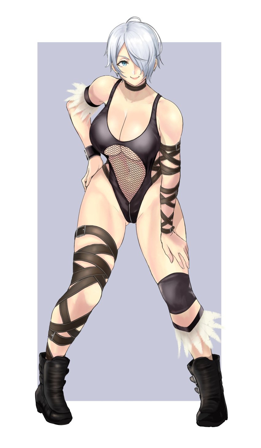 2021 absurdres alternate_costume anagumasan angel_(kof) bare_shoulders bent_over breasts bustier christie_(doa)_(cosplay) cleavage commentary cosplay dead_or_alive dominatrix english_commentary female full_body garter_belt grey_background hair_over_one_eye hand_on_own_hip hands_on_own_knees highres king_of_fighters king_of_fighters_2001 king_of_fighters_xiv large_breasts leaning_forward leather lingerie looking_at_viewer mexico naughty_face navel short_hair simple_background smile smiling smiling_at_viewer snk solo thighhighs toned tongue tongue_out underwear very_high_resolution white_hair