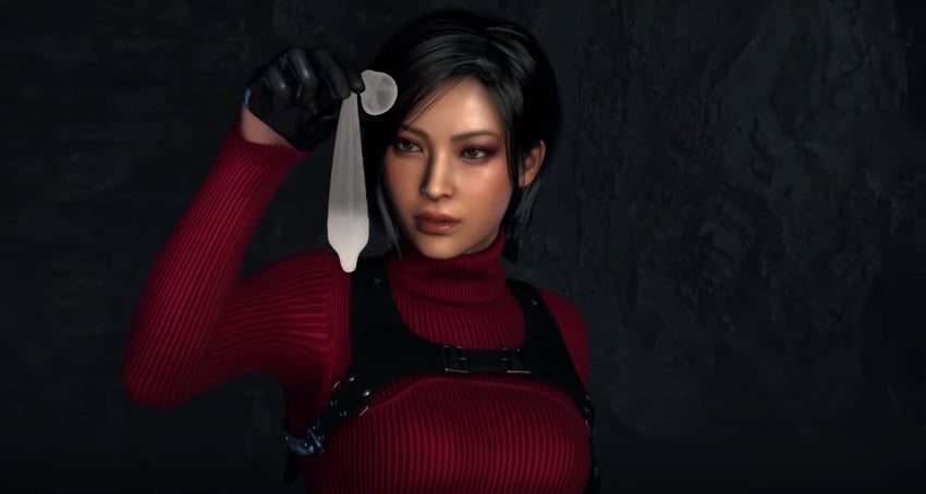 1girls 3d ada_wong ada_wong_(adriana) asian asian_female black_hair brown_eyes condom cum cum_in_condom female filled_condom g4ill4rd game gloves holding_condom leather_gloves looking_at_object makeup red_clothing resident_evil resident_evil_4 sperm sperm_sample spy surprised surprised_expression uncertain unsure