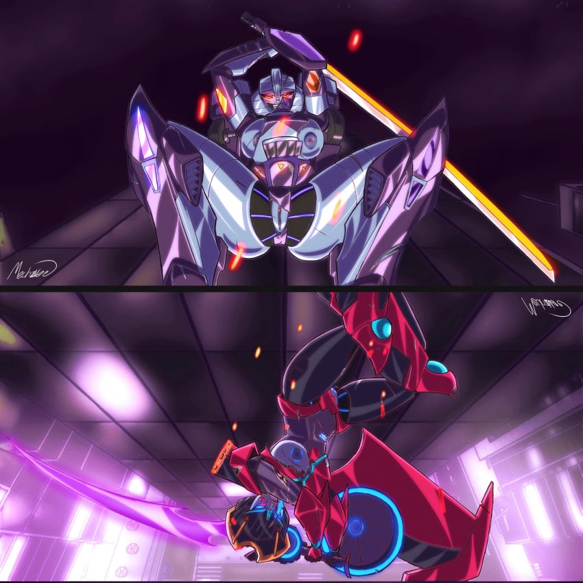 2_panel_comic 2d 2girls alien anime_style artificial_vagina blue_eyes breasts breasts curvy curvy_figure cut_clothes falling female female_focus female_only fight hasbro makeup metallic_body nightbird_(transformers) pussy red_eyes robot robot_girl robot_humanoid skyscraper sword transformers visible_nipples visible_pussy windblade