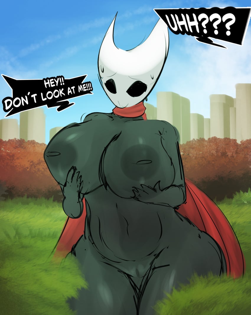 4:5 absurd_res anthro ass big_breasts big_butt black_body breasts caught_in_the_act city clothed clothing detailed_background dialogue female flowzel forest forest_background genitals hi_res holding_breast hollow_knight hood hornet_(hollow_knight) humanoid nature nature_background partially_clothed plant pussy solo team_cherry text tree