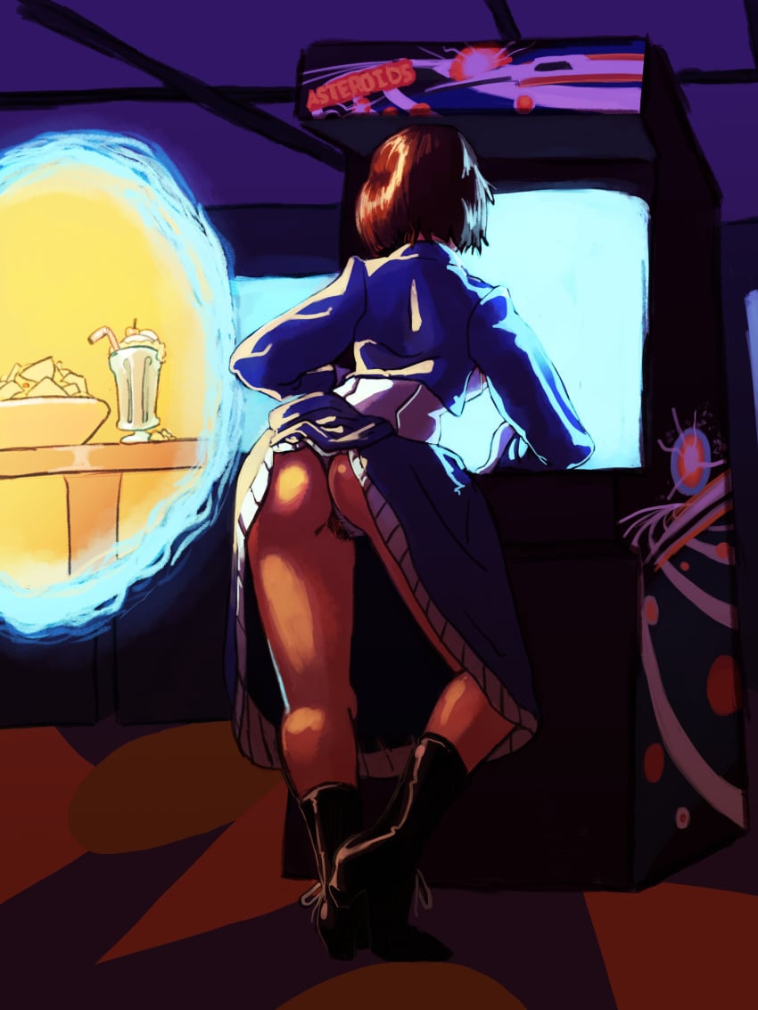 2d arcade arcade_machine ass bare_legs bioshock bioshock_infinite boots brown_hair bubble_butt celsiusbits elizabeth_comstock female female_focus female_only hourglass_figure pubes pubic_hair pubic_hair_peek pussy rear_view short_hair skirt skirt_lift tagme thong thong_aside vagina wide_hips