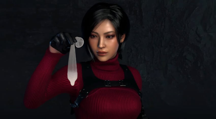 1girls 3d ada_wong ada_wong_(adriana) asian asian_female black_hair brown_eyes condom cum cum_in_condom female filled_condom g4ill4rd game gloves holding_condom leather_gloves looking_at_object makeup red_clothing resident_evil resident_evil_4 sperm sperm_sample spy surprised surprised_expression uncertain unsure
