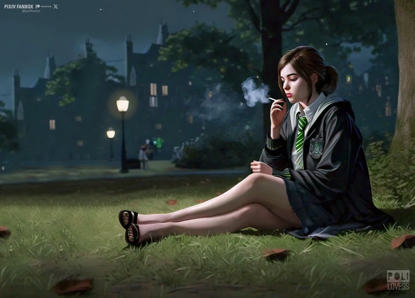 ai_generated background cigarette ellie_(the_last_of_us) ellie_williams feet foot_fetish harry_potter hi_res hogwarts hogwarts_school_uniform hogwarts_student polilovess sandals school_uniform slytherin smoking the_last_of_us toenails toes