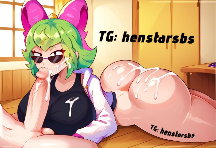 1girls ai_generated ass balls blowjob brawl_stars breasts cock covered_nipples cum cum_on_penis cumshot erection female girl green_hair half-erect henstarsbs hips huge_ass huge_balls huge_breasts huge_cock huge_hips huge_testicles huge_thighs indoors lying melodie_(brawl_stars) on_bed on_stomach penis pop_melodie_(brawl_stars) sunglasses supercell tank_top testicles thick_thighs thighs white_jacket wide_hips