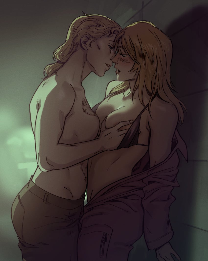2girls age_difference areolae black_bra blonde_hair blue_eyes blush bra bra_pull breast_grab breast_press breasts cleavage color depth_of_field eva_(metal_gear_solid) female half-closed_eyes highres imminent_sex inner_sideboob lighting long_hair looking_at_partner looking_pleasured metal_gear metal_gear_solid metal_gear_solid_3 mole mole_under_eye muscular muscular_female open_clothes open_jacket partially_clothed rennerei rhabarberei romantic romantic_couple scar scar_on_chest scar_on_stomach sideboob smile the_boss tied_hair topless undressing undressing_another yuri