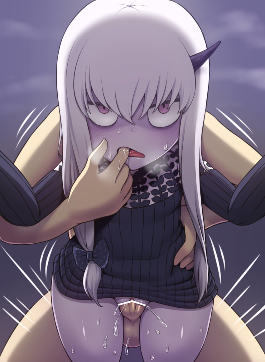 1boy bar_censor bow censored fate/grand_order fate_(series) female finger_in_another's_mouth hair_between_eyes hairbow highres horn lavinia_whateley_(fate/grand_order) long_hair open_mouth penis purple_eyes purple_skin pussy_juice rantana_(lalalalackluster) sanpaku sex solo_focus straight sweat textless vaginal_penetration white_hair