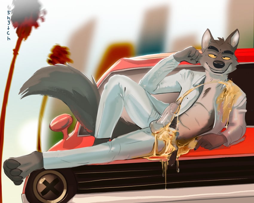 absurd_res bedroom_eyes bodily_fluids canid canine canis car female genital_fluids genitals hi_res huge_filesize humanoid_genitalia humanoid_penis mammal mr._wolf_(the_bad_guys) narrowed_eyes peeing penis seducing_viewer seductive sketchotterly solo solo_focus solo_in_panel suit_jacket the_bad_guys urine urine_in_mouth urine_on_belly vehicle watersports wolf