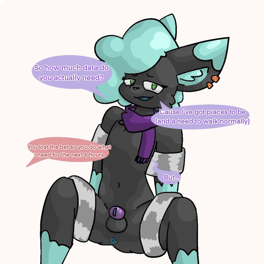 anthro ass chastity_cage chastity_device dialogue domestic_cat ear_piercing faux_lewds felid feline felis femboy fur green_eyes grey_body grey_fur male mammal piercing restraints scarf shimmer_(faux_lewds) simple_background solo teal_body teal_fur text