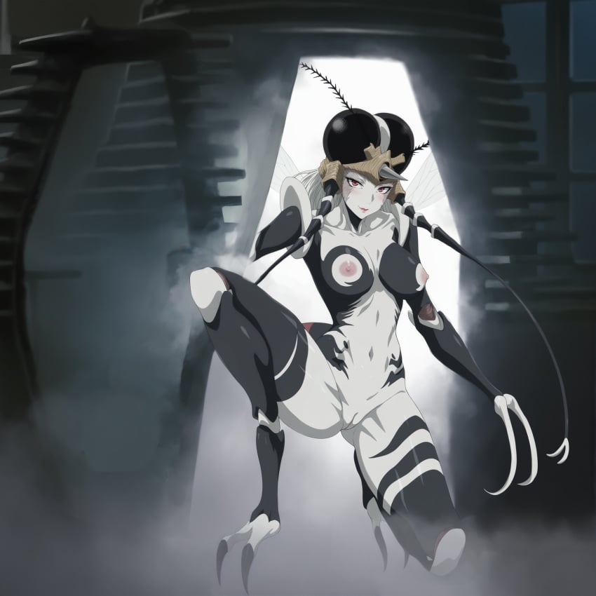 1girls ai_generated animal_hands antennae arthropod_girl bereft breasts claws colored_skin crouching facial_mark facial_markings female full_body indoors insect_girl insect_wings large_breasts looking_at_viewer monster_girl mosquito_girl_(one-punch_man) mosquito_musume naked nipples nude one-punch_man pod pussy red_eyes short_hair smile smoke solo stable_diffusion tail the_fly transformation white_skin window wings