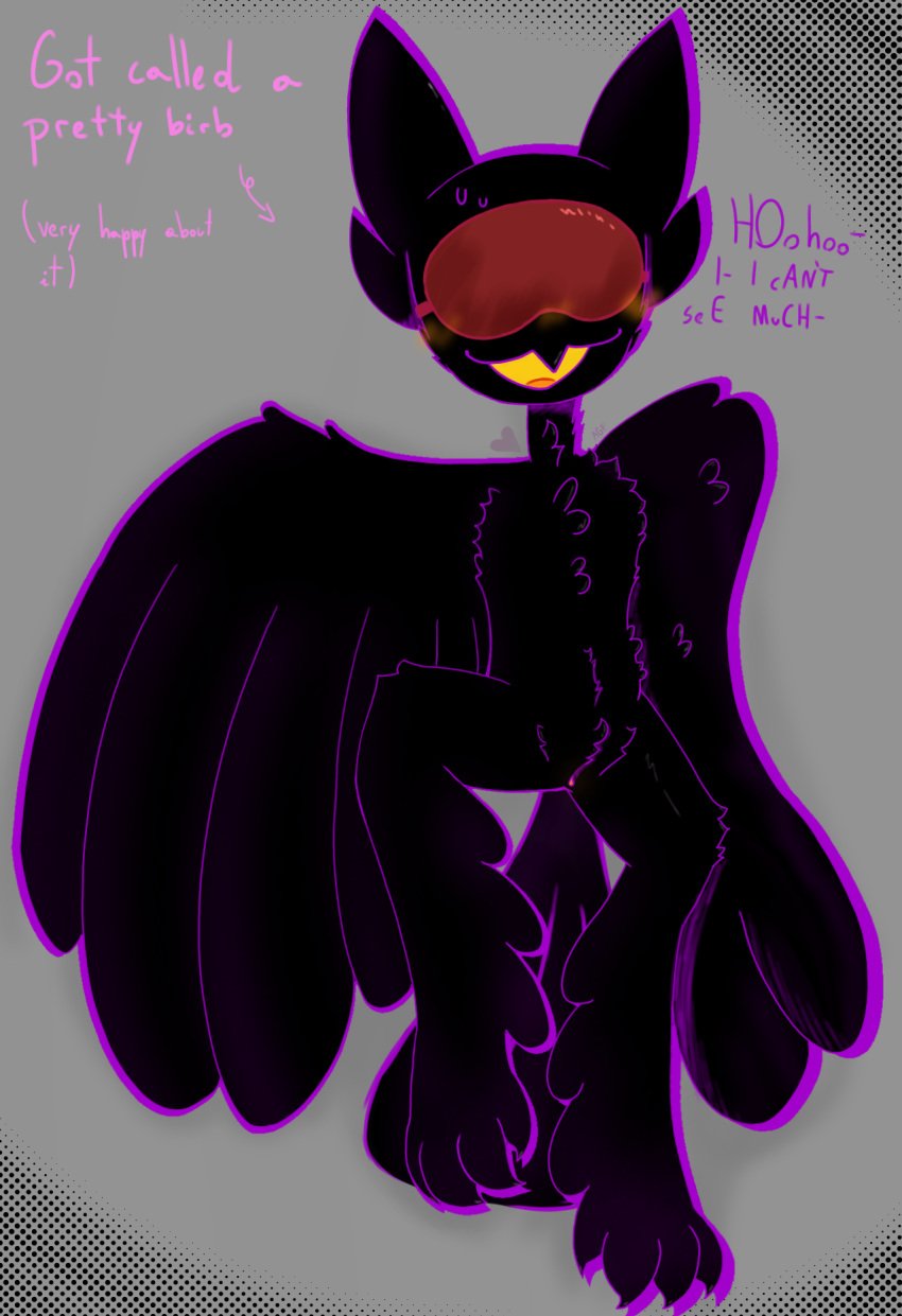 ambiguous_gender andromorph animal_genitalia anthro avian barnaby_(billie_bust_up) beak billie_bust_up bird black_body blindfold blush bodily_fluids cloaca cuntboy feathers feet fluffy fluffy_chest genitals ghost goldthefennec hi_res intersex male nervous_smile nervous_sweat outline owl purple_outline shy simple_background solo spirit submissive sweat talons toes wings