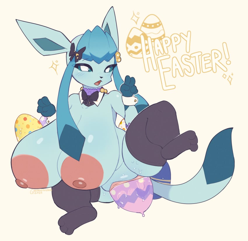 1girls anthro areola big_breasts blue_body bow_tie breasts breasts_bigger_than_head clothing easter easter_egg eeveelution egg egg_from_pussy egg_laying female female_only genitals gesture glaceon goldenyuusha hand_gesture hi_res holidays huge_breasts large_insertion legwear nintendo nipples paws penetration pink_areola pink_nipples pink_pussy pok&eacute;mon_(species) pokemon pokemon_(species) pussy ribbons shortstack solo spread_legs spreading stockings thick_thighs v_sign