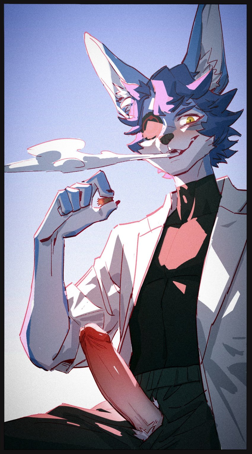 absurd_res anthro big_penis black_nose blue_body blue_fur canid canine canis clothed clothing collared_shirt domestic_dog eye_patch eyewear fur genitals hi_res humanoid_genitalia kemono looking_at_viewer luoluokun517 male mammal multicolored_body multicolored_fur penis shirt simple_background smoking solo topwear two_tone_body two_tone_fur white_body white_fur yellow_eyes