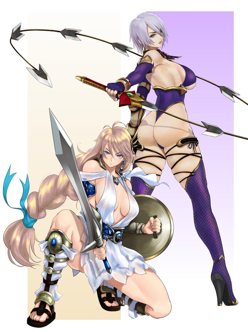 2021 2girls anagumasan ass blonde_hair blue_eyes boots braid breasts closed_mouth commentary dress earrings elbow_gloves female female_only fingerless_gloves full_body gloves high_heels highleg highleg_leotard highres holding holding_sword holding_weapon isabella_valentine jewelry kneeling large_breasts leotard lips long_hair looking_at_viewer looking_back low-tied_long_hair makeup mature_female multiple_girls namco on_one_knee purple_hair shield short_dress short_hair sideboob simple_background single_braid sophitia_alexandra soul_calibur soul_calibur_v sword thigh_boots thighhighs thighs toeless_footwear very_high_resolution weapon whip_sword white_dress