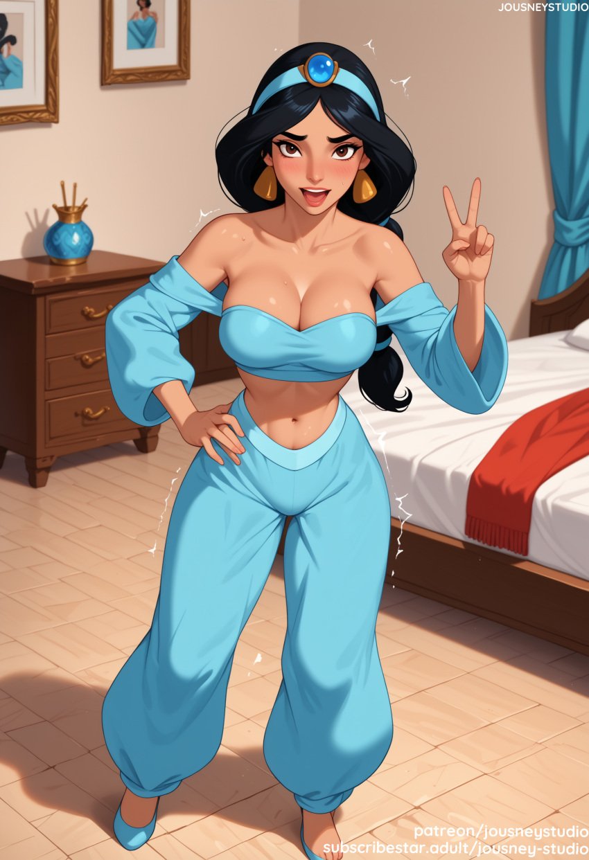 :d ai_generated aladdin aladdin_(1992_disney_film) aladdin_(disney) arabian_clothes bangs bare_shoulders barefoot bed bedroom black_hair blue_footwear blue_pants blue_shirt blush breasts brown_eyes clavicle cleavage clothing collarbone crop_top curtains dark-skinned_female dark_skin disney disney_princess earrings feet female female_only footwear gem hairband hand_on_hip hand_on_own_hip hand_up headwear indoors jasmine jasmine_(aladdin) jewelry jousneystudio large_breasts lips lipstick long_hair long_sleeves looking_at_viewer makeup midriff navel off-shoulder_shirt off_shoulder open_mouth pajamas pants pillow princess_jasmine shirt smile solo standing stomach teeth thighs tiara trembling v wide_sleeves window