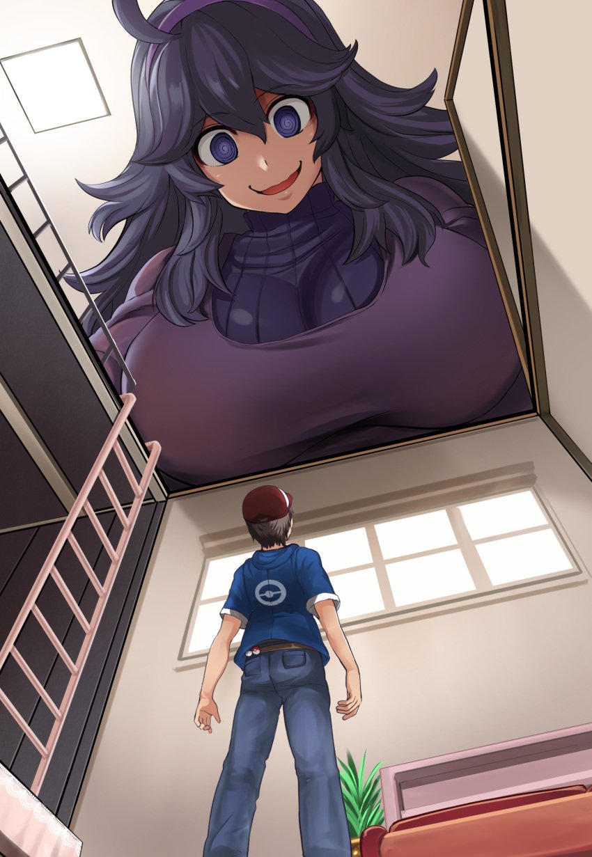 1boy 1boy1girl 1girls 2d 2d_(artwork) 2d_artwork @_@ baseball_cap big_breasts breasts breasts_bigger_than_head brown_hair cap clothed clothes color colored crazy_eyes crazy_smile dangling_breasts dress female fully_clothed giant_breasts giant_female giantess gigantic_breasts hanging_breasts hat hex_maniac hoodie huge_breasts jeans ladder large_breasts larger_female leaning_forward looking_at_another looking_down looking_down_at_another maki_ikazuya male massive_breasts no_nude no_nudity outline pale-skinned_female pale-skinned_male pale_skin pokemon purple_eyes purple_hair sanpaku sanpaku_eyes short_sleeves smaller_male spiral_eyes sweater tiny_male turtleneck turtleneck_sweater window