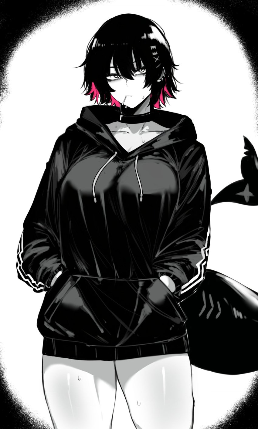 1girls big_breasts black_and_white black_hair clothed dark_hair ellen_joe female female_focus fish_tail hand_in_pocket hands_in_pockets hoodie hoyoverse large_breasts lollipop lollipop_in_mouth masoq095 mihoyo monochrome monster_girl mostly_clothed multicolored_hair oversized_clothes oversized_hoodie pink_hair shark_tail sharp_nails tail thick thick_thighs thighs tomboy zenless_zone_zero