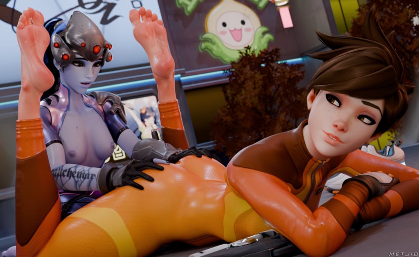 2girls 3d ass ass_grab big_feet bodysuit breasts feet horny_female metjid overwatch overwatch_2 pachimari tracer widowmaker