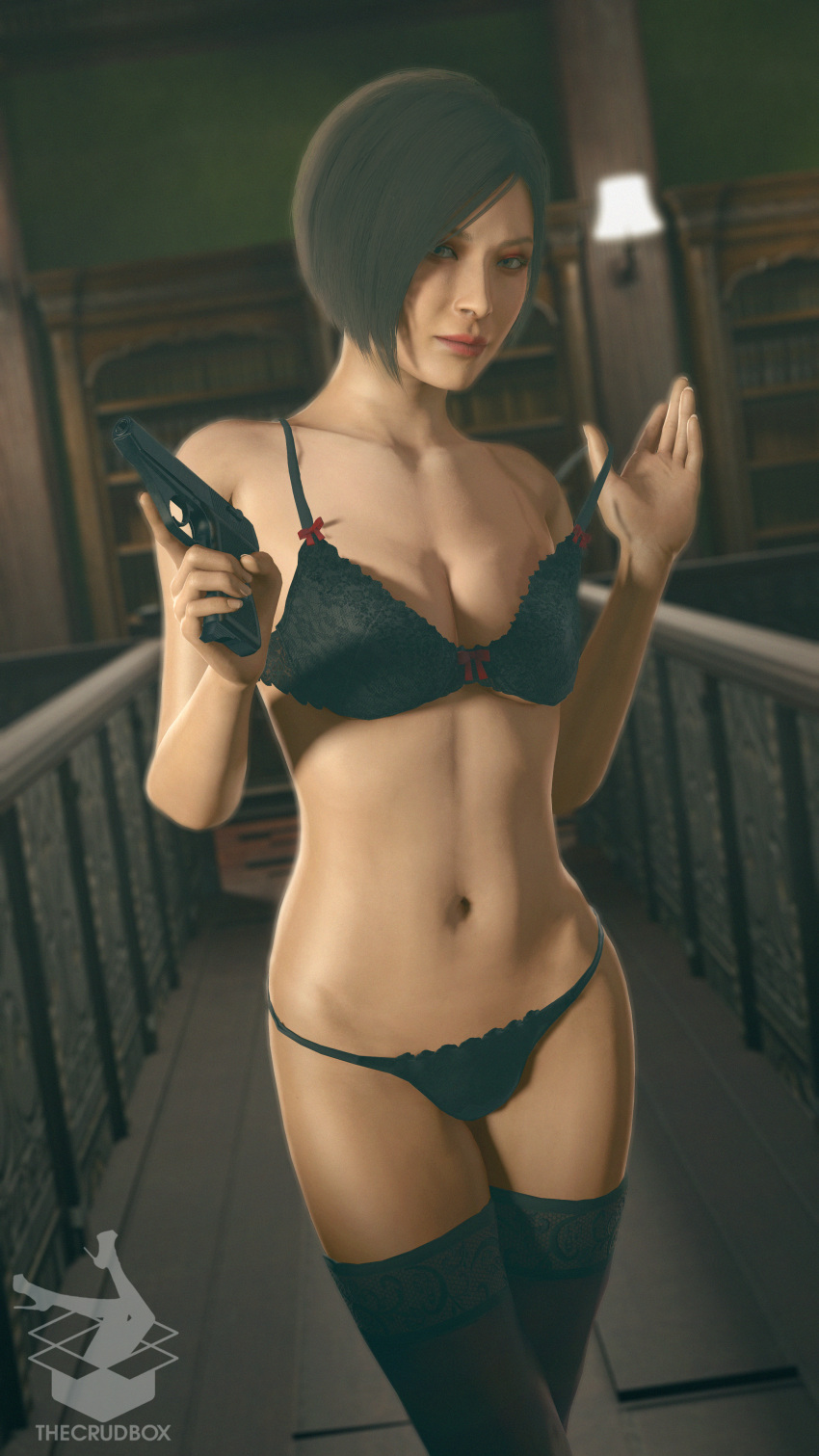 1girls 3d ada_wong ada_wong_(adriana) asian asian_female black_bra black_hair black_thong bob_cut bra cleavage crudbox3d eyeshadow female fit_female frilled_bra frilled_thong handgun hands_up legs_crossed lingerie lingerie_bra lingerie_panties medium_breasts panties partially_clothed partially_clothed_female pistol removing_bra resident_evil resident_evil_2 ribbon smile solo_female source_filmmaker stockings thigh_highs thighhighs thong underwear