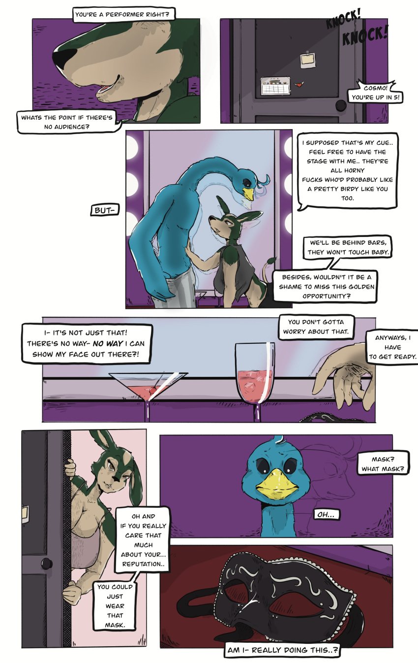 absurd_res avian beastars bird comic cosmo_(beastars) curvy_figure defloration dialogue dom_(beastars) dominant_woman dressing_room duo female flirting galliform gay_to_bi gay_to_straight giraffid hi_res hourglass_figure humanoid larger_male male male/female mamayong_(artist) mammal mask nervous okapi orientation_play peafowl phasianid shirtless_male size_difference stripper