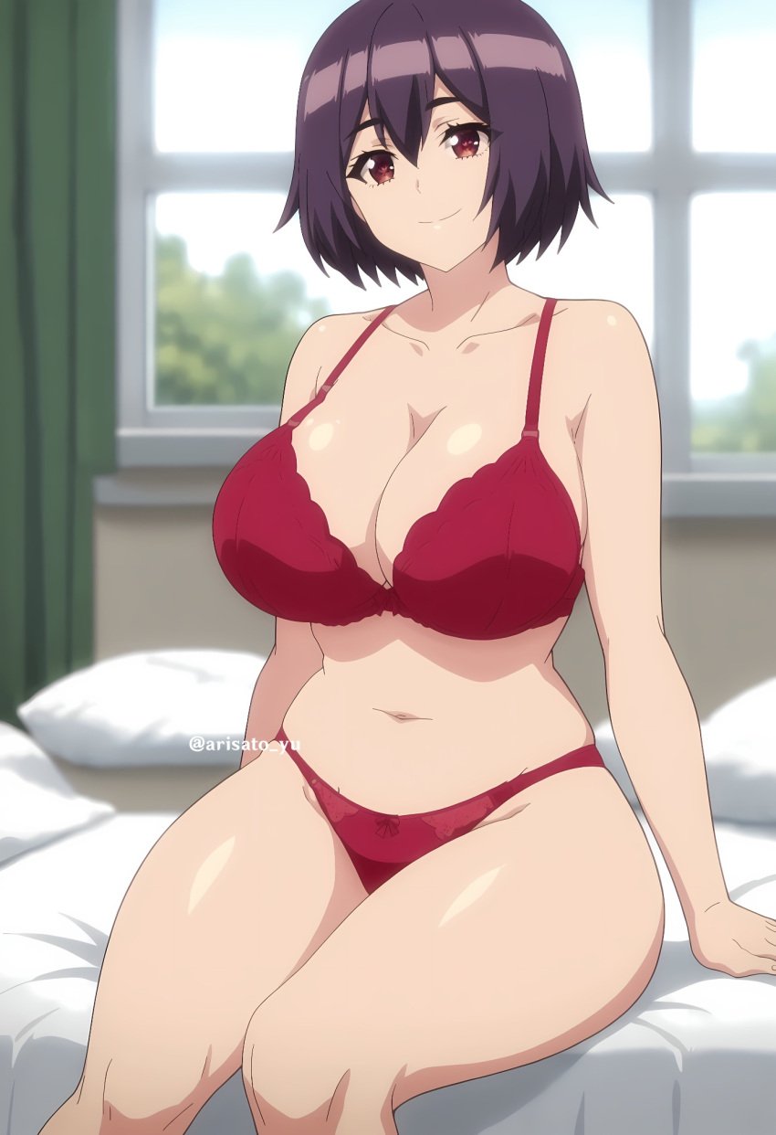 ai_generated akari_(modaete_yo,_adam-kun) arisato_yu big_breasts bra lingerie modaete_yo,_adamu-kun red_lingerie thong