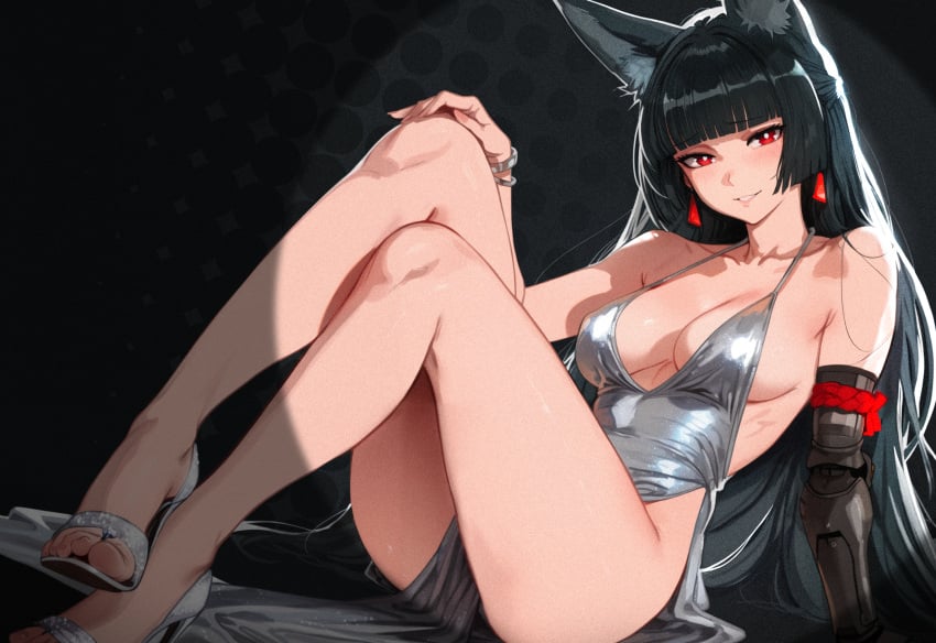 2d ai_assisted ai_generated bare_legs bare_shoulders black_hair bright_pupils brush cleavage collarbone dress earrings fox_ears fox_girl halterneck hi_res high_heels hoshimi_miyabi icosilveraiart mechanical_arm medium_breasts parted_lips red_eyes revealing_clothes sideboob single_mechanical_arm smile zenless_zone_zero