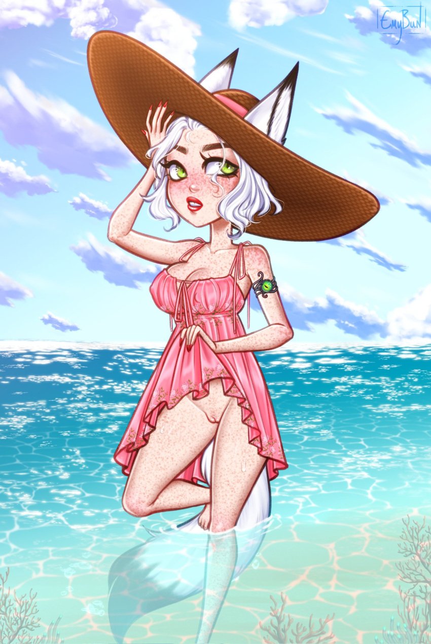 1girls background bare_legs beach canine commando digital_media_(artwork) emybun female female_focus female_only flashing flashing_pussy fox fox_ears fox_girl foxgirl freckles green_eyes irys_kimiko_smith kemonomimi legs lifting lifting_dress lifting_skirt nipple_bulge nipples_visible_through_clothing no_panties ocean original original_character outdoors pale-skinned_female pale_skin pantyless pink_dress seaside solo solo_female solo_focus sun_hat sunhat water white_hair