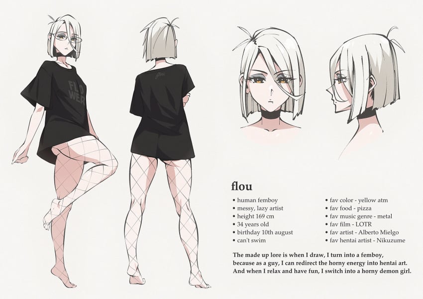 1boy alternate_version_available barefoot black_shirt bob_cut character_sheet choker femboy fishnets flou flou_(character) glasses goth light-skinned_male nipples no_pants orange_eyes original oversized_clothes small_breasts solo solo_male standing tiptoes white_background white_hair