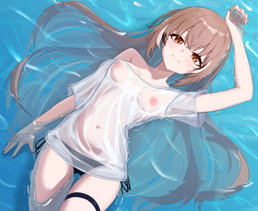 breasts brown_eyes brown_hair hololive hololive_english nanashi_mumei pool see-through small_breasts smiling_at_viewer tagme telomere virtual_youtuber vtuber wet_body wet_clothes wet_skin