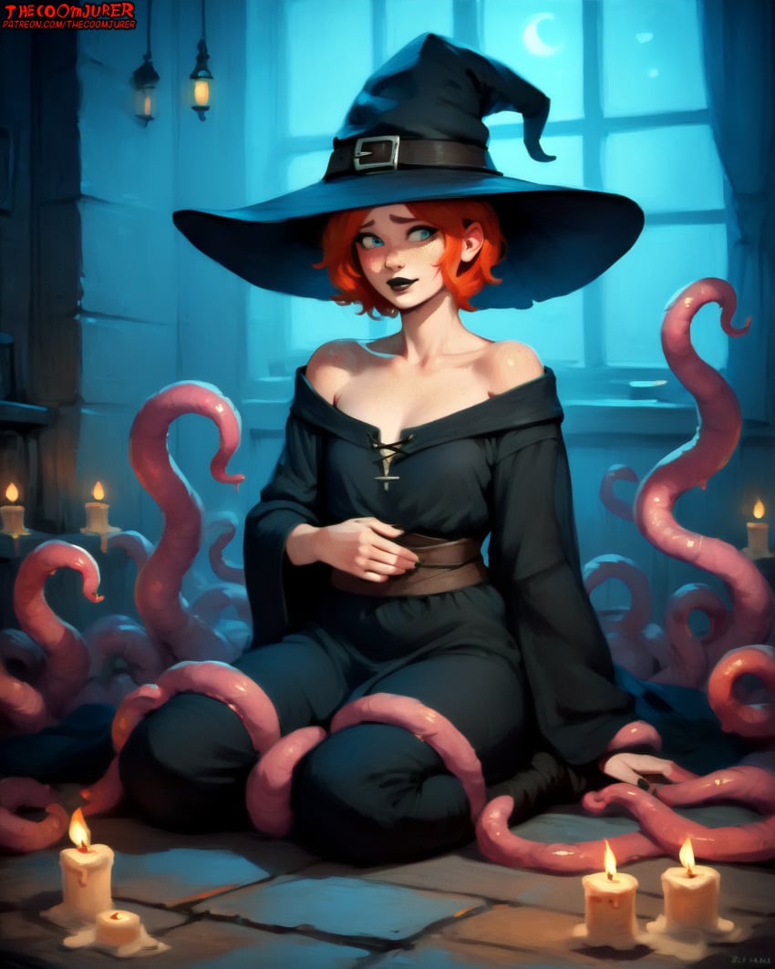 absurd_res ai_generated black_lipstick blue_eyes candle femboy freckles freckles_on_face ginger ginger_hair girly goth goth_boy hat highres imminent_sex nervous tentacle thecoomjurer trap witch_hat