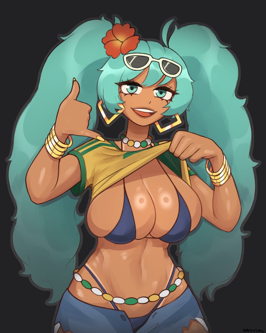 1girls ass big_ass big_breasts big_thighs bikini brazil brazilian brazilian_female brazilian_miku breasts butt cyan_eyes cyan_hair dryvial female female_only hatsune_miku huge_ass huge_breasts huge_thighs latin_american_hatsune_miku_(meme) long_hair looking_at_viewer shirt shorts solo tan tan_body tanline thick_hips thick_thighs thighs thong twintails vocaloid yellow_shirt